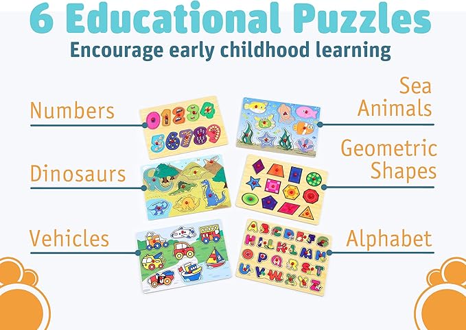 Etna Products Wooden Puzzles Set, Includes 6 Educational Puzzles and Wire Storage Rack - ABC, Numbers, Shapes, Vehicles and Animals - For Kids Age 3 Plus