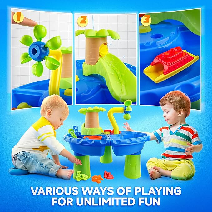 BELLOCHIDDO Kids Water Table for Toddlers 1-3 - 3 in 1 Kids Sand and Water Play Tables, 22PCS Sensory Activity Watertable Outside Backyard Summer Beach Toy for Age 1 2 3 4 5 Year Old Boys Girls