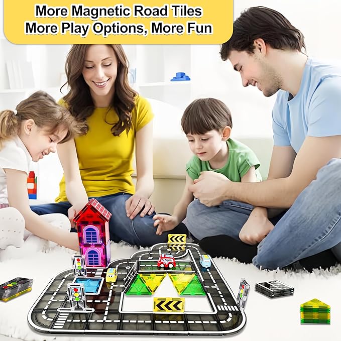 82pcs Magnetic Tiles Road, Magnetic Building Blocks Construction Toys for 3+Year Old Boys Girls, Kids Montessori Toys for Toddler, STEM Learning Gifts