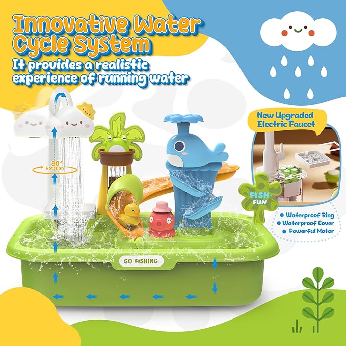 Play Sink with Running Water, 4-in-1 Kids Kitchen Sink Toys with Electric Faucet, Water Table Floating Pool Toy w/Fishing Game, Duck Slide, Pretend Play Dishwasher Set for Toddler Boys Girls (Green)