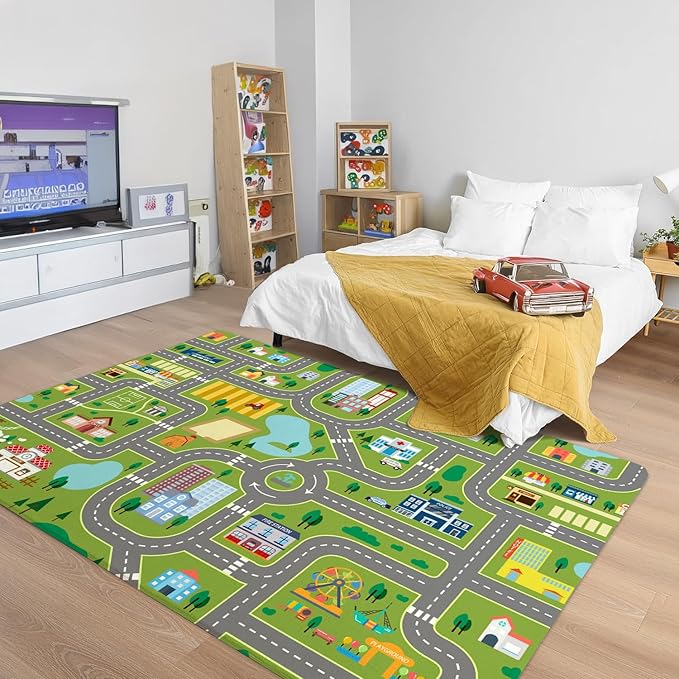 Kids Roommat Rug City Life Great for Playroom Classroom Bedroom - Non-Slip City Pretend Room Mat (Large- 5 x 7 FT)