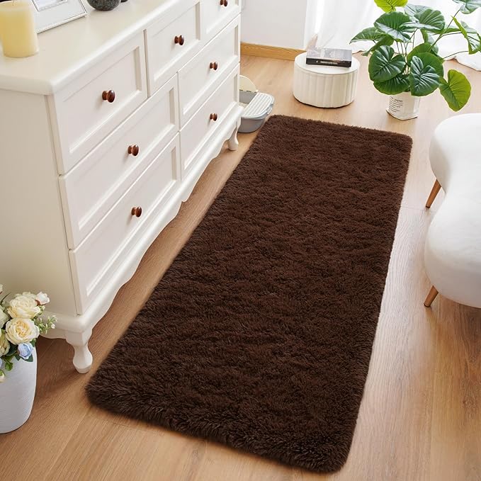 Amearea Shag Fluffy Runner Rug for Bedroom Girls Living Room, 2x6 Feet Extra Soft and Fuzzy Shaggy Rugs, Non Slip, Indoor Floor Long Carpet Mat for Boys Nursery Home Decor, Brown
