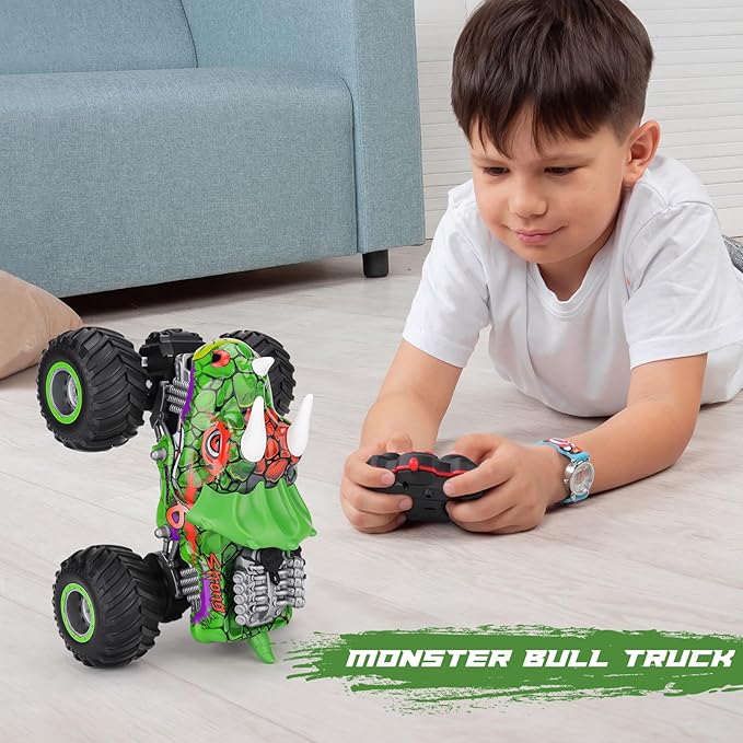 PREBOX Remote Control Monster Truck for Boys 8-12 - RC Dinosaur Car Toys for Kids Age 4-7, Birthday for Boys with Music Lights