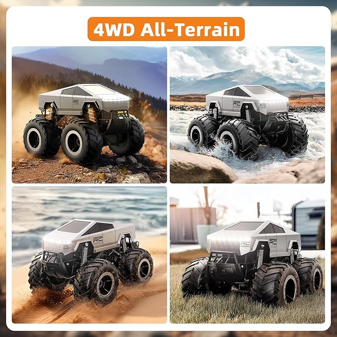 Amphibious Cyber Remote Control Monster Truck for Boys Ages 8-12+, 1:16 Scale 4WD Off-Road Fast RC Car, Waterproof All-Terrain 2.4GHz Stunt Car Pool Toys, Best Birthday Gifts for Kids Ages 8+