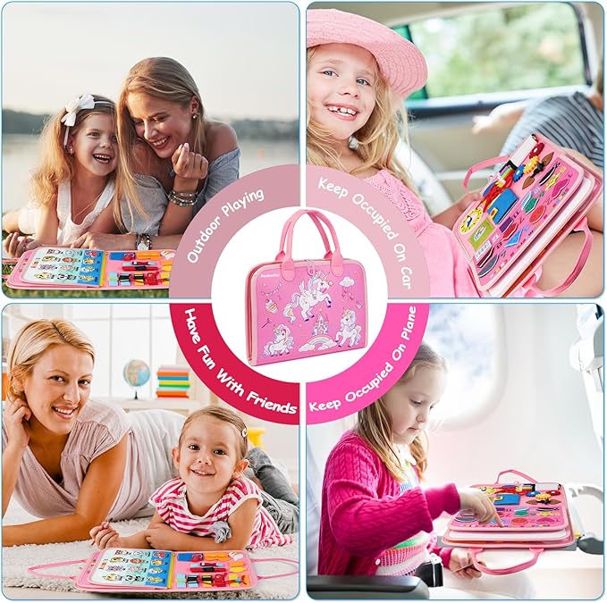 2 Year Old Girl Birthday Gift, Montessori Busy Board Book- Toddler Christmas Toys for 1 2 3 Year Old Girls Gift, Educational Sensory Learning Activity Toys for Road Airplane Travel