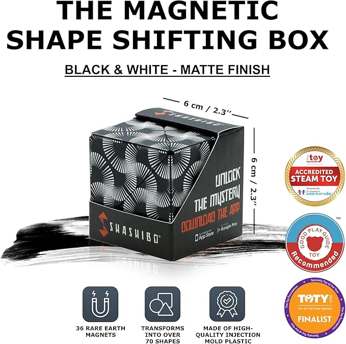 SHASHIBO Shape Shifting Box - STEM Magnetic Fidget Cube That Transforms Into Over 70 Shapes, Download Fun in Motion Toys Mobile App (Black & White)