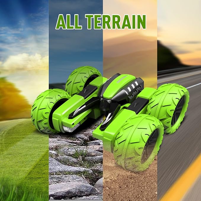 Remote Control Car for Kids 3-12 Years Old, Birthday Gift Toy for Boys Age 4 5 6 7 8, RC Car Stunt with Light 4WD Double Side Racing Vehicle 360° Flips Offroad Indoor Outdoor Sand Grass Garden Green