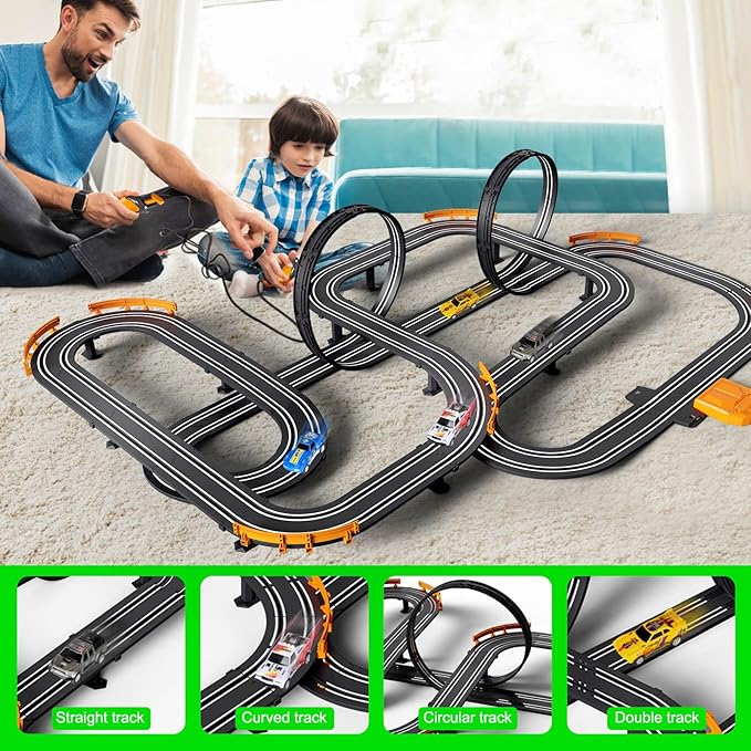 Slot Car Race Track Set Electric or Battery Powered Racing Car Track for Kids Boys, with 4 High-Speed Cars and 2 Hand Controllers,Dual Racing Game Toys for Children Age 6 7 8 Years Old