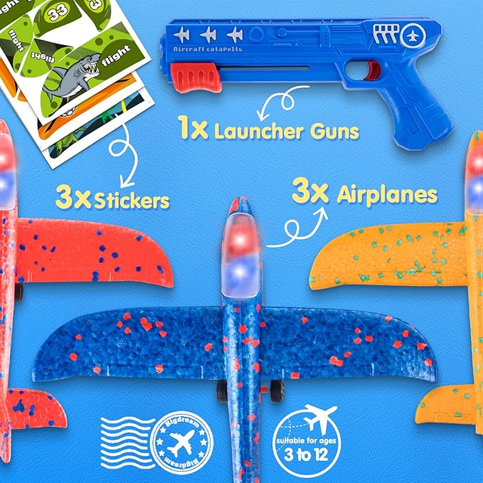 3 Pack LED Airplane Launcher Toys - Foam Glider Catapult Aircraft Plane Toy with Stickers - 2 Flight Mode Outdoor Flying Toys for Age 3 4 5 6 7 8 9 10 11 12 Year Old Kids Boys Girls Birthday Gifts