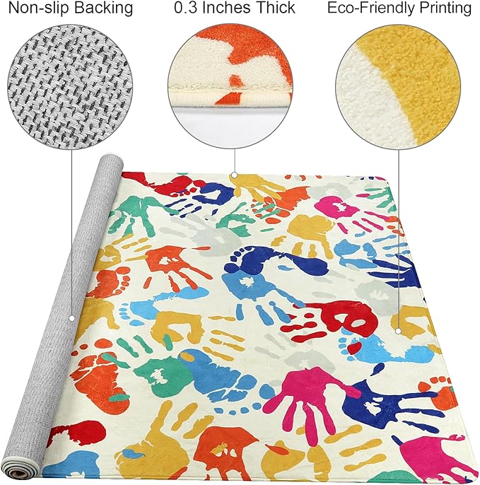STARUIA Large Kids Rug for Playroom, 8'x10' Handprints and Footprints Colorful Rug for Classroom, Non-Slip Washable Rug for Nursery, Soft Throw Carpet Indoor Playmat for Kids Room Dorm Bedroom