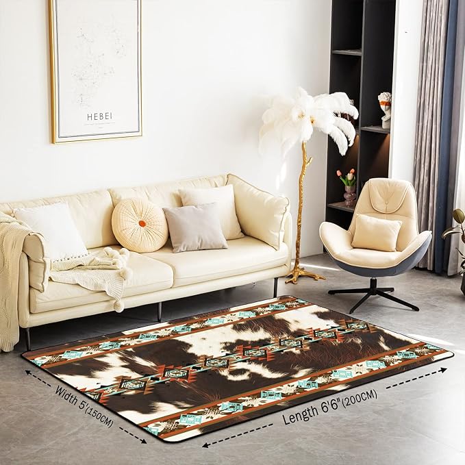 Erosebridal Cowhide Area Rug 5x6'6'', Brown Highland Cow Print Rug, Western Rug Exotic Aztec Carpet for Bedside, Farmhouse Wild Animals Longhorn Skin Cowboys Washable Decorative Rug for Men