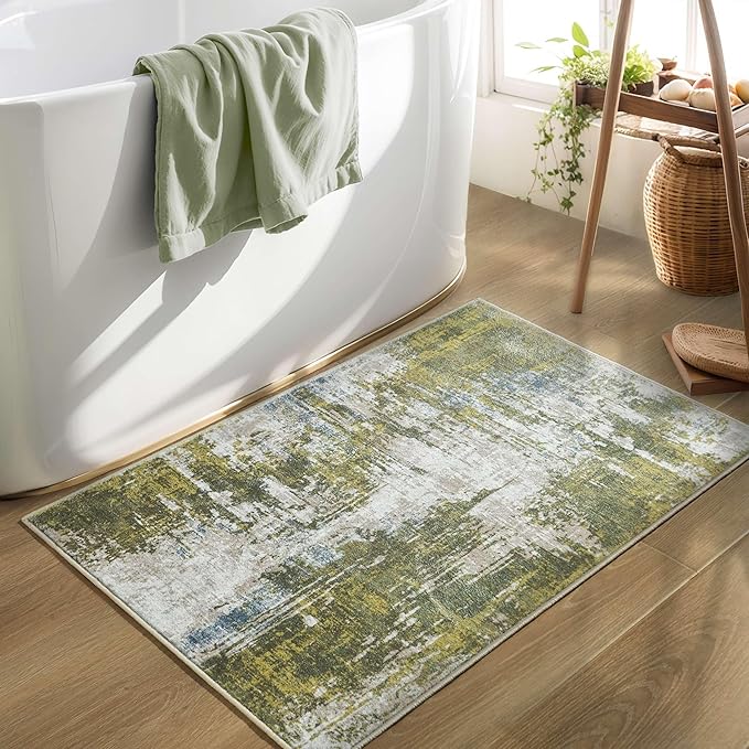 Entrance Rugs Indoor 2x3 Green Entry Rug Washable Abstract Small Area Rug Non-Slip Low Pile Throw Rugs for Entryway, Kitchen Floor, Front Door Indoor Door Mat, Bedroom Bedside