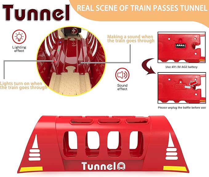 Remote Control Locomotive Train with Tunnel for Wooden Tracks, Motorized Train Toy Compatible for Thomas, Brio, Chuggington