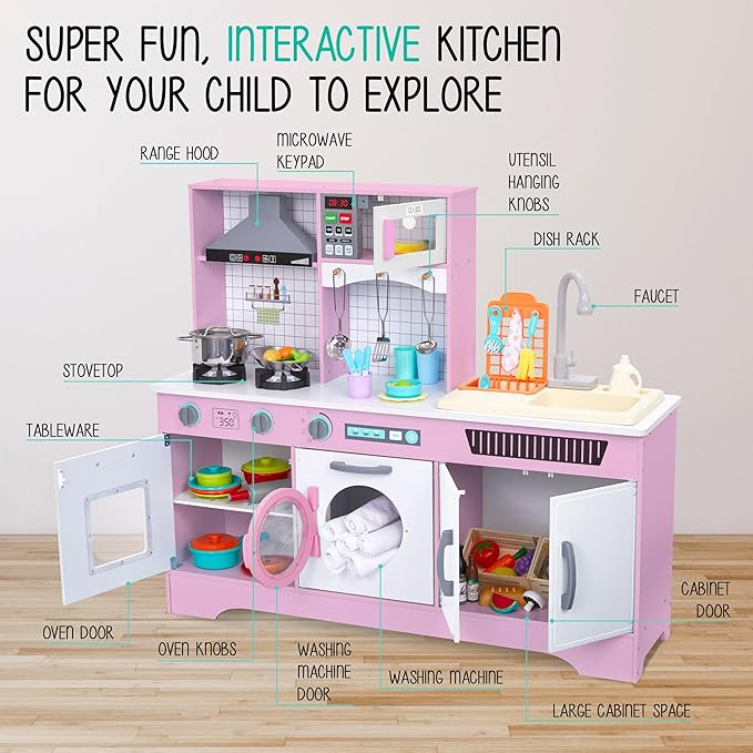 Lil' Jumbl Kids Wooden Pink Color Kitchen Set, Pretend Working Sink with Real Running Water, Includes Range Hood, Microwave & Stove Top That Make Realistic Sound & Light, Full Accessory Set Included