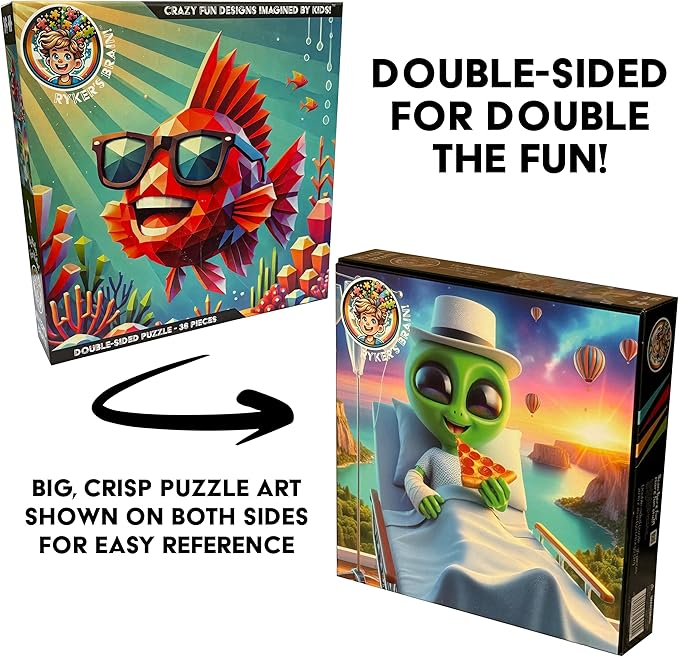 Kids Puzzle Double-Sided Jigsaw – Happy Fish & Pizza Alien – 36-Piece Toddler, Preschool, & Elementary Puzzle (Ideal for Ages 3-8) | Fun Educational Toy & Gift
