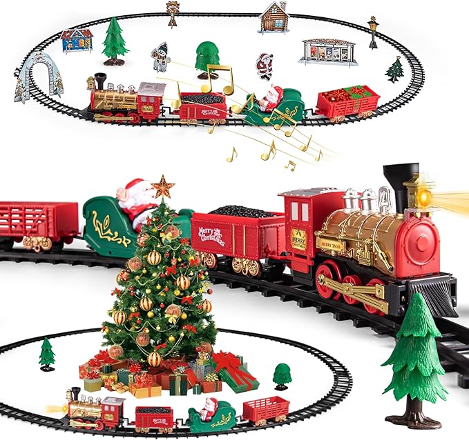 Train Toy for Toddler, Christmas Train Set Around Tree with Light & Sound for Kids, Battery Operated Electric Locomotive Engine, Cake Toppers Stocking Stuffers Gift for Toddlers Boys & Girls Ages 3-5