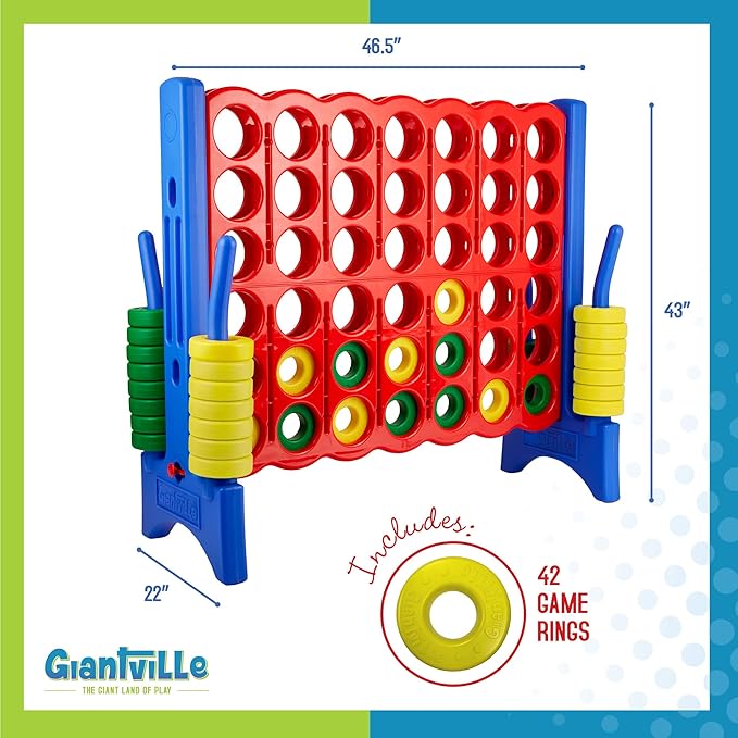 Giant 4 in a Row Connect Game – 4 Feet Wide by 3.5 Feet Tall Oversized Floor Activity for Kids and Adults – Jumbo Sized for Outdoor and Indoor Play - Blue/Red