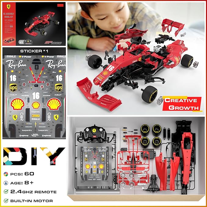Licensed Ferrari F1 SF1000 RC Car Building Kit, 1/16 Scale Supercar Assembly Set with Remote Controller, Licensed Model, 65 Pieces, STEM Kits for Kids and Adults, Ages 8+ (Ferrari SF1000)