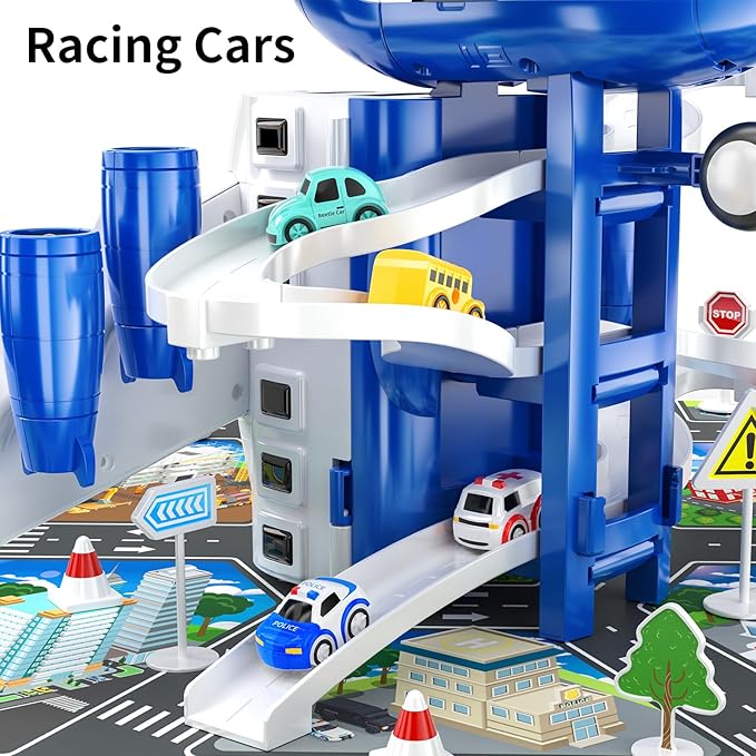 TEMI Kids Airplane Boy Toys for 3 4 5 Year Old Boys - Car Race Tracks for Kids Ages 3-5 with 8 Small Car Toys, Toddlers Educational Toy, Birthday Gifts for Boys 3-5, Birthday Gifts for Boys Girls 3-5