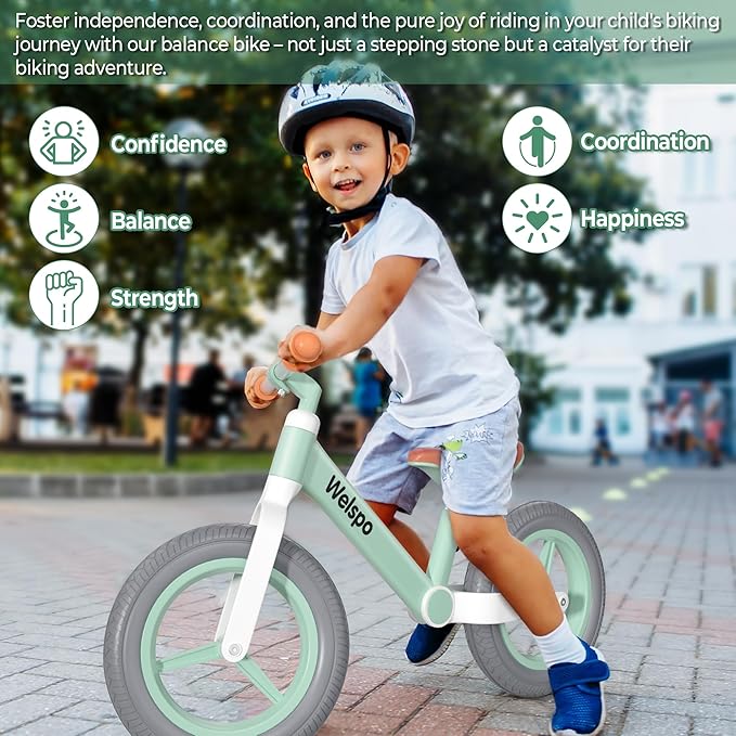 welspo 12-Inch Kids Balance Bike, No Pedal Toddler Bike for 2-5 Years Old Boys and Girls, Lightweight Nylon Frame with Adjustable Handlebar and Seat, Shock Absorption, Anti-Slip PU Airless Tires