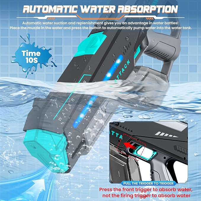 Electric Water Guns for Adults, Squirt Guns for Kids with Light Up and Large Capacity, Powerful Water Gun Up to 28-32FT Range for Summer Swimming Pool Party Beach Outdoor Activity(Gray)