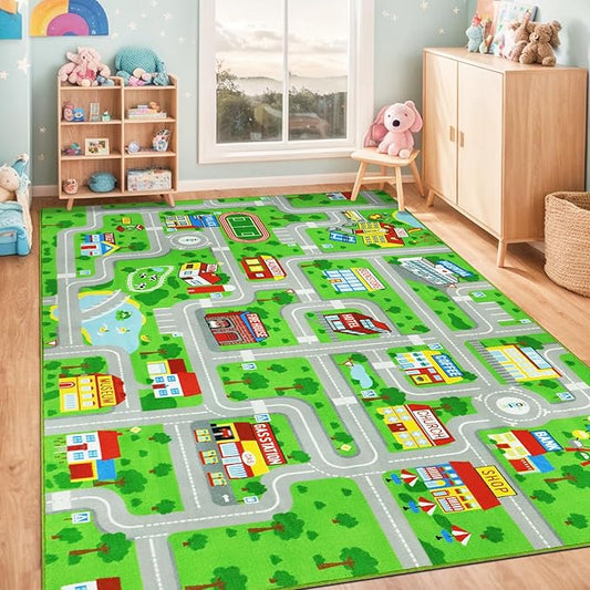 Educational Road Traffic Carpet Kids Carpet Playmat Car Rug Fun City Life Map Kids Car Rug Non Slip Play Carpet for Children Playroom Bedroom Classroom Decor (Green, 6'6''x9'8'')
