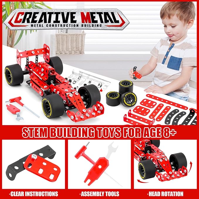 Building Car Metal Model Kits,STEM Building Toys Model Car Kits for Boys 8-12,Erector Set 1:20 Scale Red Racing Car Metal Building Blocks for Kids Boys 8 9 10 11 12-16 Years Old