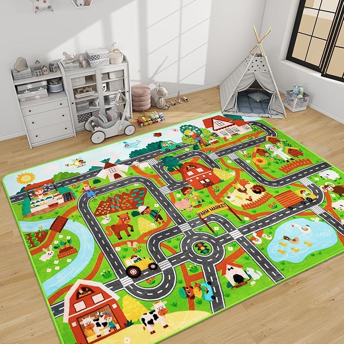 Kids Rug Play Mat for Toy Cars, 59"×78.7" Farm Life Road Traffic for Playroom Kids Car Road Rugs Village Map Play Mat Non-Slip Washable Play Rug for Toddler Room Family Tummy Time Playtime