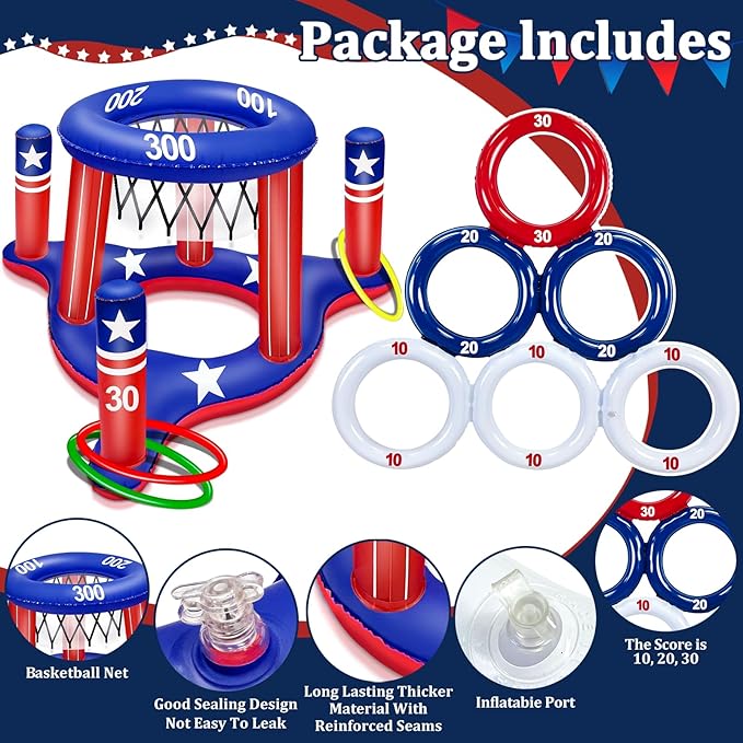 American Flag Pool Toys Games Set, Inflatable 2-in-1 Floating Basketball Hoop and Inflatable Ring Toss Pool Game with Score for Kids Teens Adults Summer Water Pool Toys 4th of July Patriotic Party