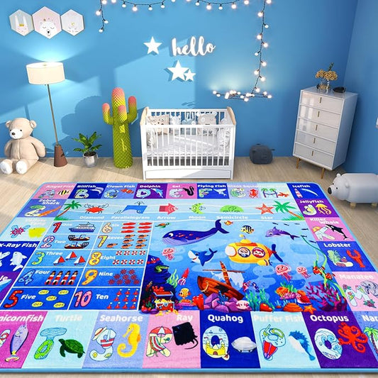 ABC Kids Rug for Playroom 59"×39.4" Ocean Rug Baby Play Mat Alphabet Carpet Sea Animal Number Shape Classroom Kids Playroom Mat Early Learning Carpet for Preschool Toddlers