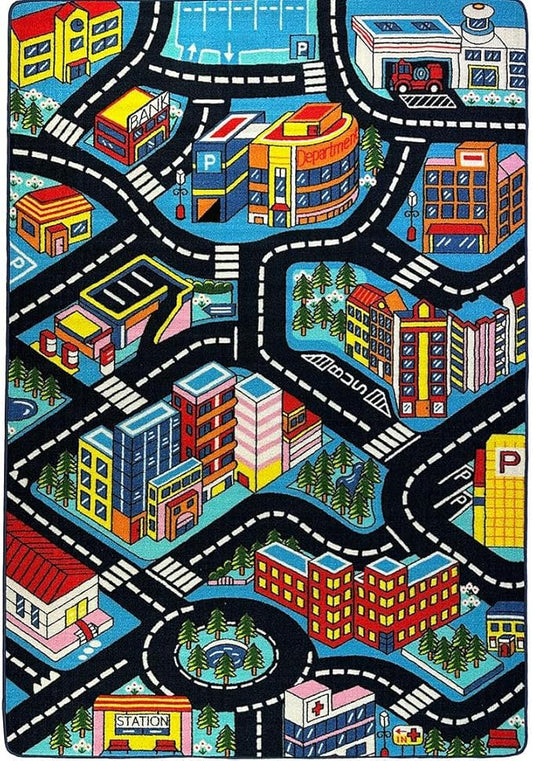 Mybecca New Mini City Map 3D Play Rug for Kids 5' x 7' Children Area Rug for Playroom & Nursery - Non Skid Gel Backing (59" x 82")