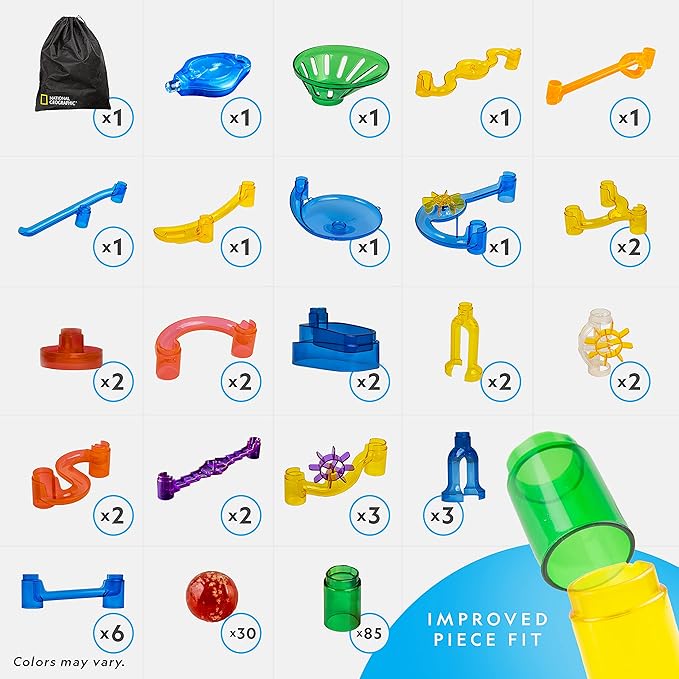 NATIONAL GEOGRAPHIC Glowing Marble Run – 150 Piece Construction Set with 30 Glow in The Dark Glass Marbles & Storage Bag, STEM Gifts for Boys and Girls, Building Project Toy (Amazon Exclusive)