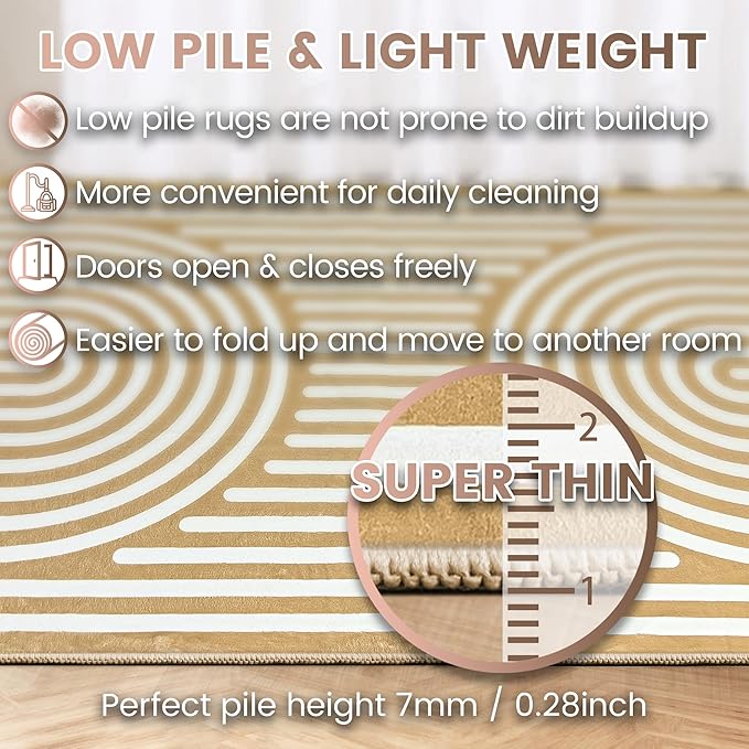 Washable 4x6 Abstract Area Rug for Living Room, Tan Brown Rainbow Modern Boho Throw Rugs, Soft Ultra-Thin Low Pile Stain Resistant Nonslip Indoor Large Carpet for Office Bedroom Playroom Classroom