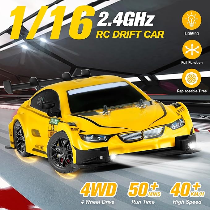 RC Drift Car, 1:16 Scale Drifting Cars2.4GHz 4WD RC Race Car, 40km/h High-Speed Remote Control Drift Cars Vehicle, Racing Sport for Boys Girls Kids - 2 USB Rechargeable Batteries (Yellow)