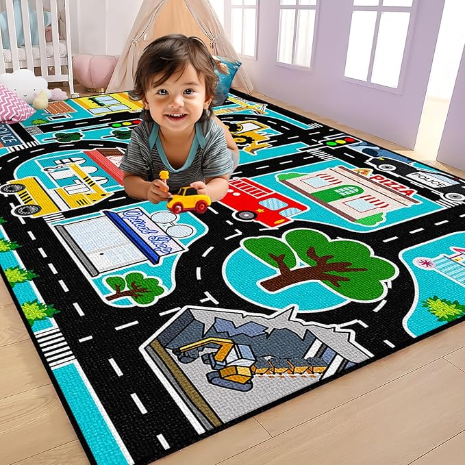 Car Rug Play Mat - Kids Play Rugs City Life Road Map Rug 5x7 Feet Large Educational Traffic Track Car Mat for Kids Toy Cars Carpet for Kid Bedroom Playroom Classroom Decor