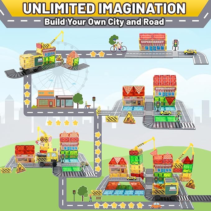 70Pcs Magnetic Tiles Magnetic Building Blocks, Building Toys for Kids Ages 3-5 4-8 8-12 Toddlers STEM Preschool Toy Boys Toys, City Construction Toys Set with 2 Cranes Train Tracks Road Car