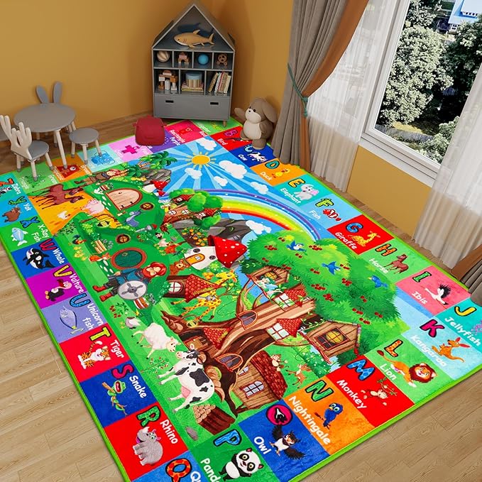 ABC Kids Rug for Playroom 110" ×78.7" Hobbit House Educational Kids Playmat Alphabet Animal & Shape Learning, Premium Non-Slip Playmat for Toddlers Letters Farm Animals Color Foam Classroom Carpet