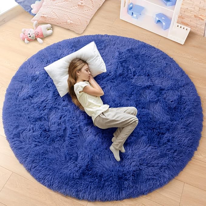 junovo Round Rug 5x5 Feet Fluffy Soft Area Rugs for Kids Girls Room Princess Castle Plush Shaggy Carpet Cute Circle Nursery Rug for Kids Girls Bedroom Baby Room Home Decor Circular Carpet, Navy Blue