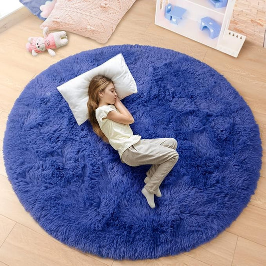 junovo Round Rug 5x5 Feet Fluffy Soft Area Rugs for Kids Girls Room Princess Castle Plush Shaggy Carpet Cute Circle Nursery Rug for Kids Girls Bedroom Baby Room Home Decor Circular Carpet, Navy Blue