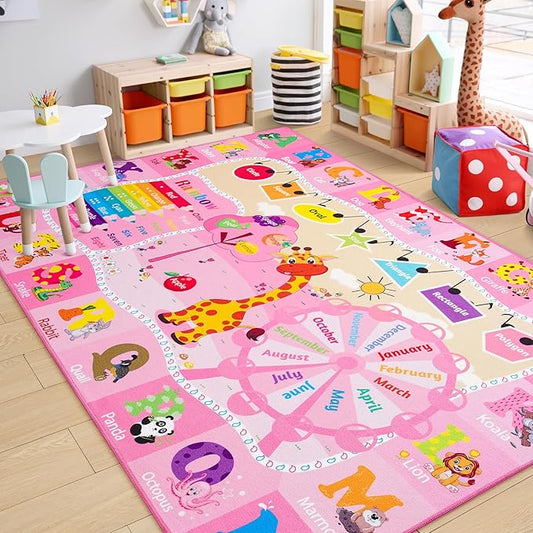 Chicrug Educational Kid Area Rug for Playroom, 7x10 Feet TPR Non Slip Kids Classroom Carpet Rug for Learning ABC Animal,Shape Color Fruit, Washable Play Mat Rug for Children Nursery Toddler Room Decor