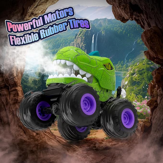 Dinosaur Remote Control Car for Boys 4-7, 360° Rotating Stunt Vehicle, 2.4GHz All Terrain RC Monster Truck Toys with Spray, Light & Sound for Kids 8-12, Birthday Gift for Boys (Green)