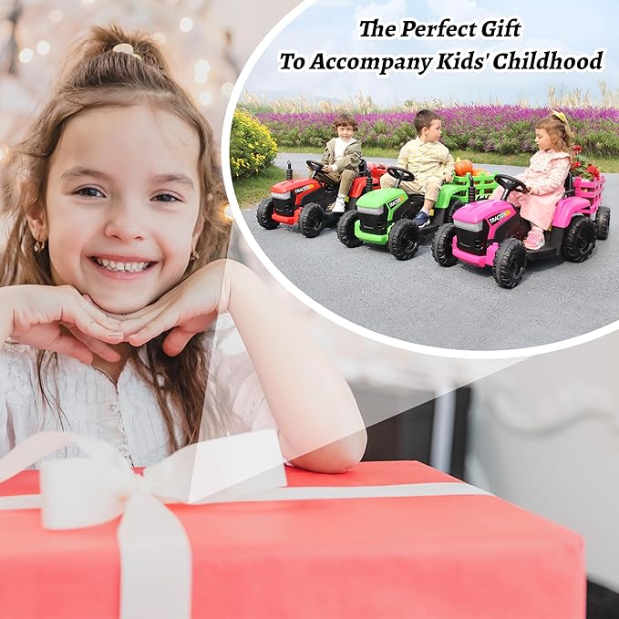 TOBBI Kids Electric Ride On Toy Tractor, 12v Battery-Powered 4 Wheels Ride On Car with Trailer, 35W Dual Motors/3-Gear-Shift/LED Lights/USB Audio Functions for Toddlers 3-6 Years-Rose Red