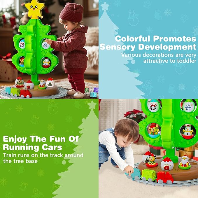Montessori Inspired Christmas Activity Tree for Toddlers 1.5-3 Years - Sensory Toy with Roly Poly & DIY Train Track, Kids Interactive Holiday Tree Toy Set, Educational for Boys and Girls