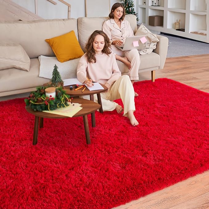Super Fluffy Rugs for Living Room, 9x12 Modern Shag Red Area Rugs, Soft and Cozy Plush Large Under Bed Carpet for Kids, Girls Boys and Teens Decorations for Bedroom Dorm Nursery Classroom