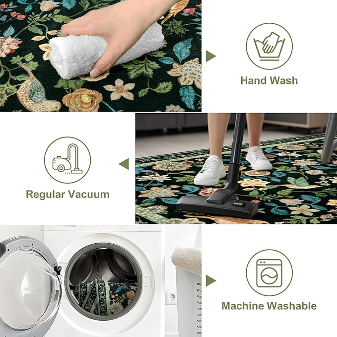 Floral Washable 5x7 Area Rug, Boho Birds Black/Green Rugs for Living Room Soft Non-Slip Vintage Flower Bedroom Rug, Low Pile Botanical Indoor Carpet for Nursery Playroom Dining Room