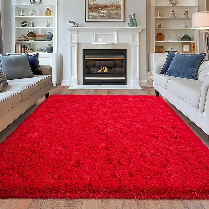 Super Fluffy Rugs for Living Room, 9x12 Modern Shag Red Area Rugs, Soft and Cozy Plush Large Under Bed Carpet for Kids, Girls Boys and Teens Decorations for Bedroom Dorm Nursery Classroom