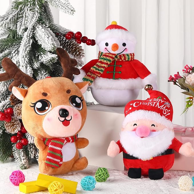 Threan 3 Pcs Christmas Plush Toy Doll Set Christmas Santa Stuffed Animal Toy Reindeer Cute Snowman Elk Claus Plush Gifts Xmas Party Favors Home Office Decor for Adults Boy Girl(Snowman, Santa, Elk)
