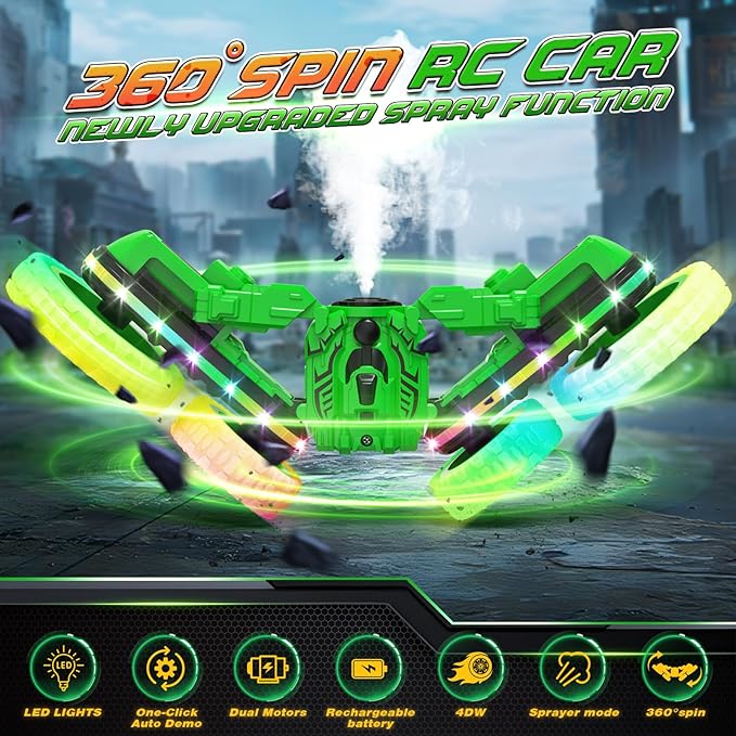 Remote Control Car,RC Cars with Sides Light and Headlights,360°Rotating 4WD Spray RC Stunt Car,2.4Ghz All Terrain Toy Car for Boys Age 4-7 Kids Toy for 8-12 Boys Girls Birthday Gift(Green)