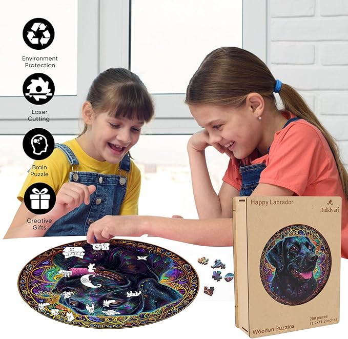 Happy Labrador 500 Pieces Wooden Puzzles for Adults Dog Jigsaw Puzzles with Unique Irregular Shapes Pieces Great Gift for Kids and Adults on Birthday,Thanksgiving,Christmas 16.7x16.7 Inches