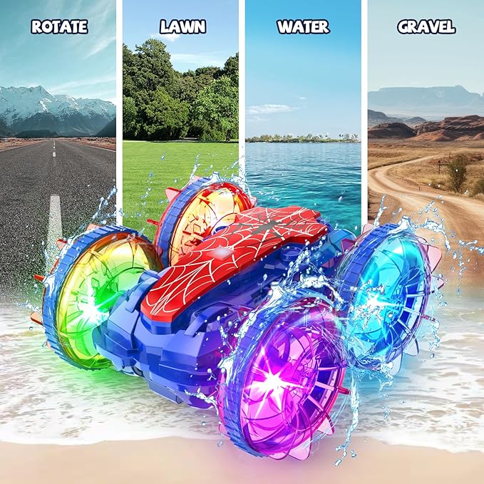 Spider Amphibious Remote Control Car Boat, Spider Toys for Ages 6 7 8 9 10 11 12, 360° Gesture Sensing RC Vehicle, 4WD Waterproof Stunt Car with LED Lights, Gifts for Boy and Girl